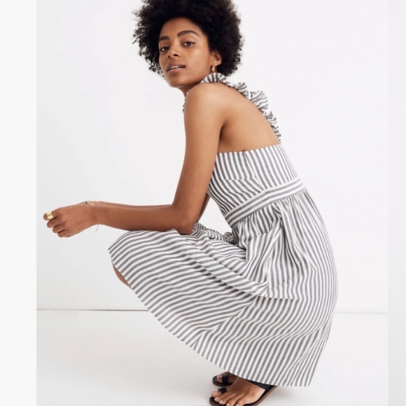 Madewell NWT Striped Ruffle-Strap Empire Dress Bahama Stripe Black Coal -Size 00 - Picture 2 of 14